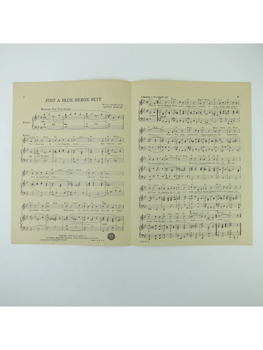 Sheet Music Just A Blue Serge Suit Irving Berlin WWII Soldier Song Vintage 1945
